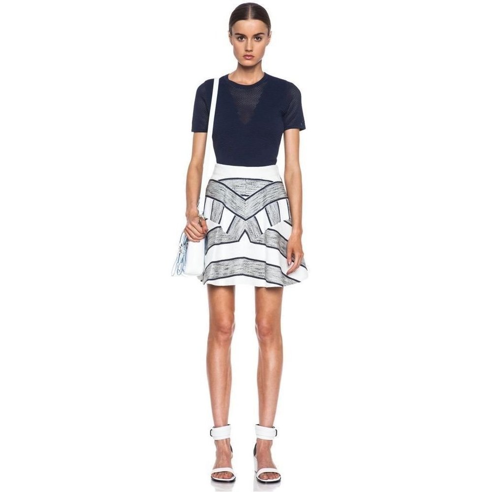 3.1 PHILLIP LIM Chevron FLOUNCE Flared SKIRT Cotton-Blend NAVY White PRINT $425